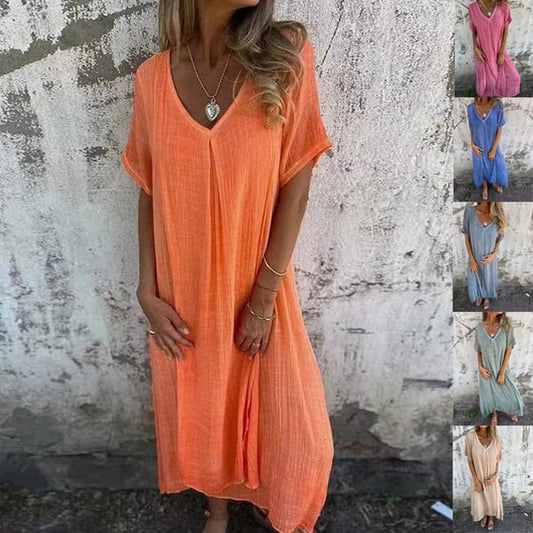 Cotton and Linen V-neck Midi Dress(buy 2 free shipping)