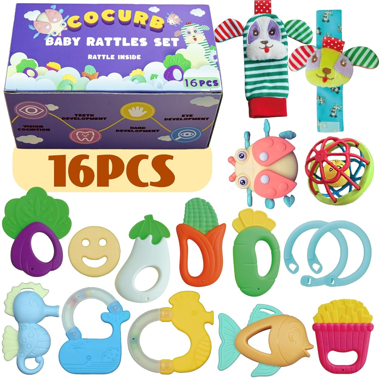 16 Pcs Ringing Toys for 6-12 Months Teething Toys
