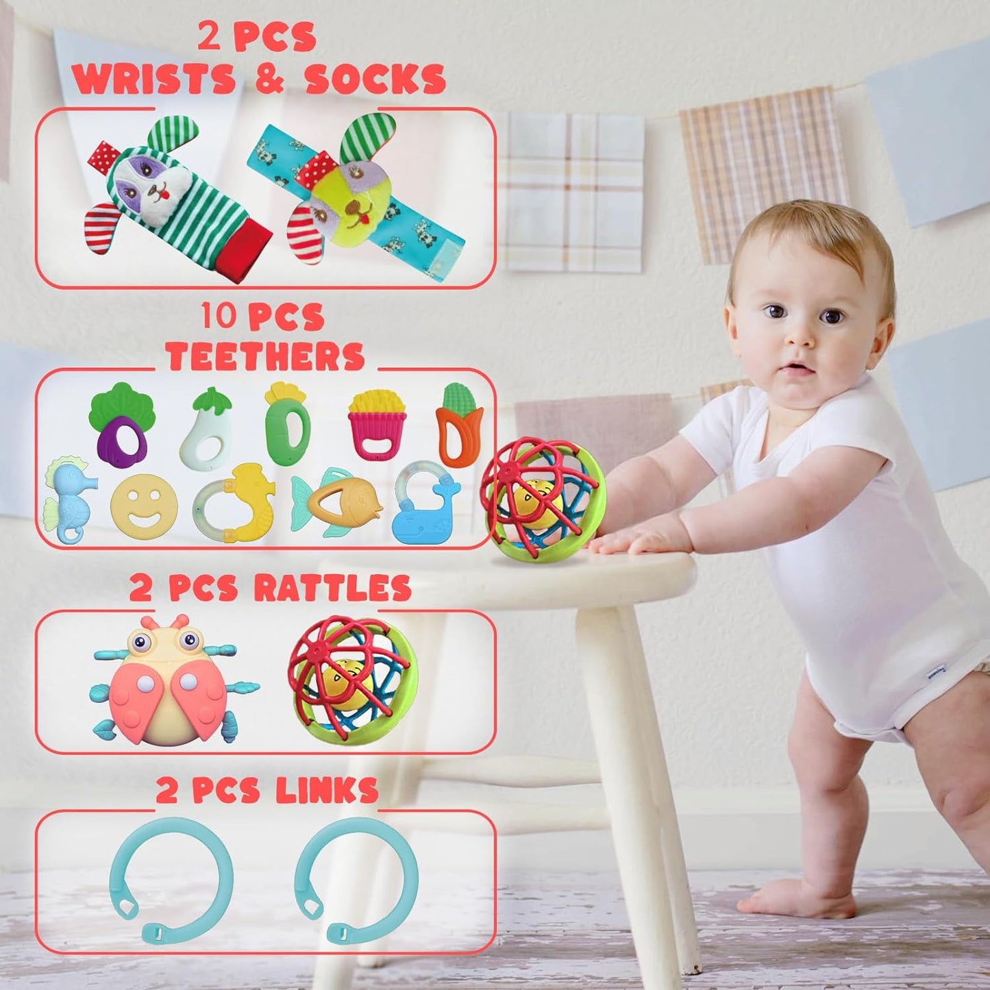 16 Pcs Ringing Toys for 6-12 Months Teething Toys