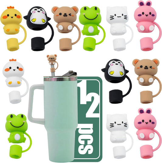 12 Pack Soft Silicone Animal Straw Cover Cap For 10mm Straws