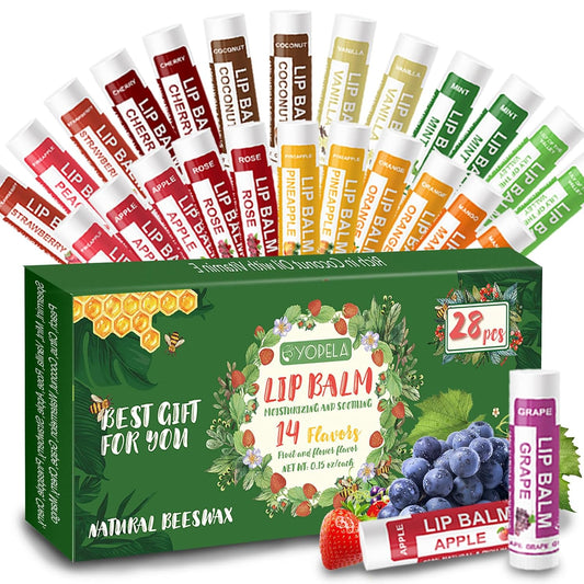 Yopela 28 Pack Natural Lip Balm Sets with Vitamin E and Coconut Oil- 14 Flavors - Non-GMO Mother's Day Gifts