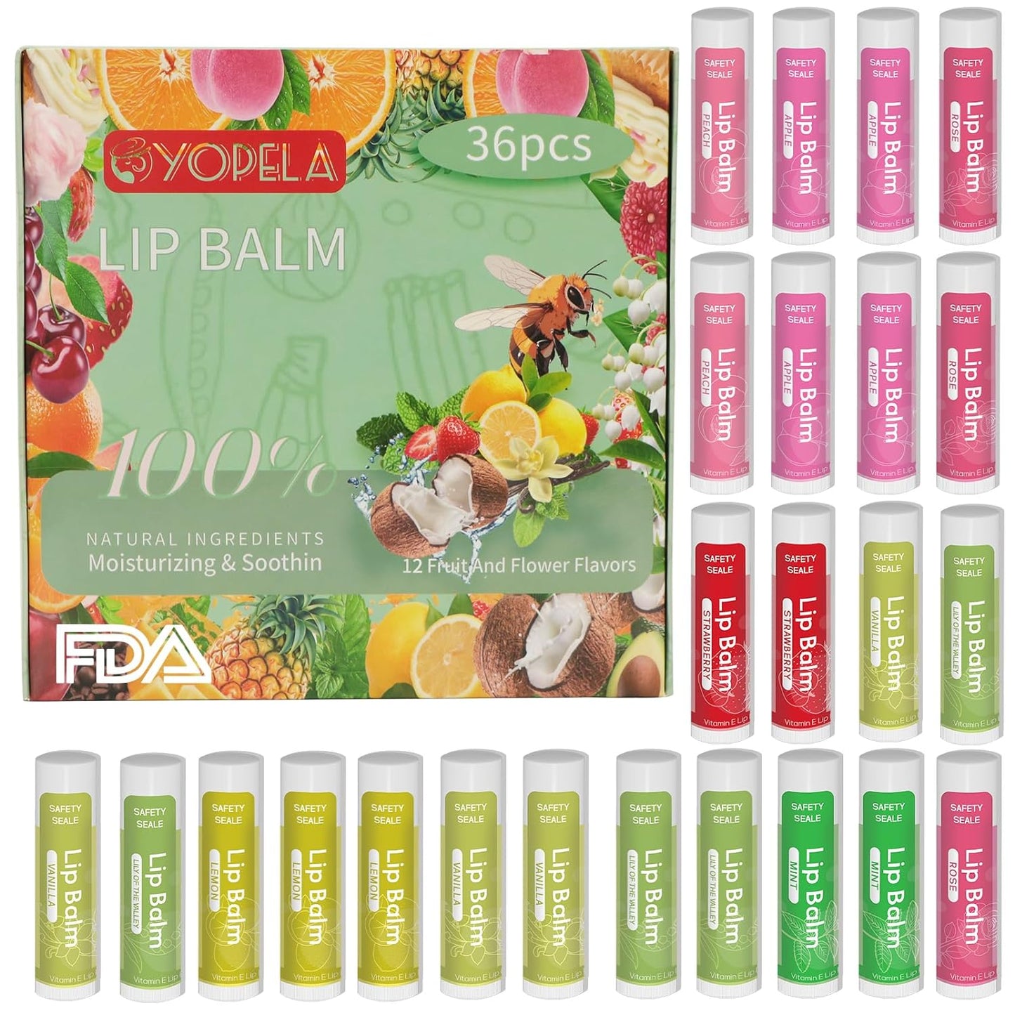 Yopela 36 Pack Natural Lip Balm Sets with Vitamin E and Coconut Oil Mother's Day Gifts - 17 Flavors